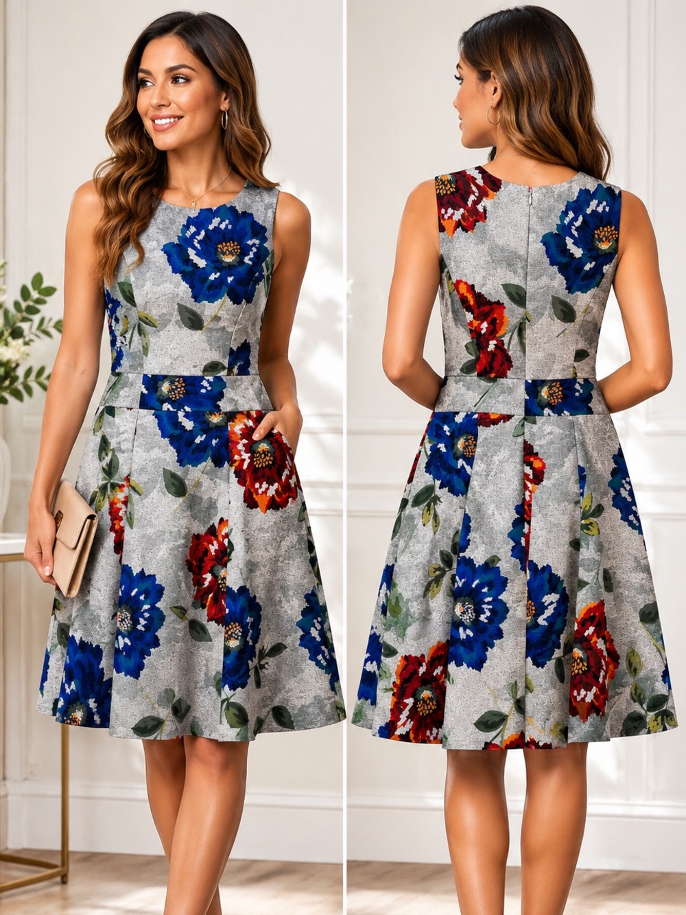 Calvin Klein Floral Fit & Flare Dress Gray Blue Red Sleeveless Size 4 NWOT